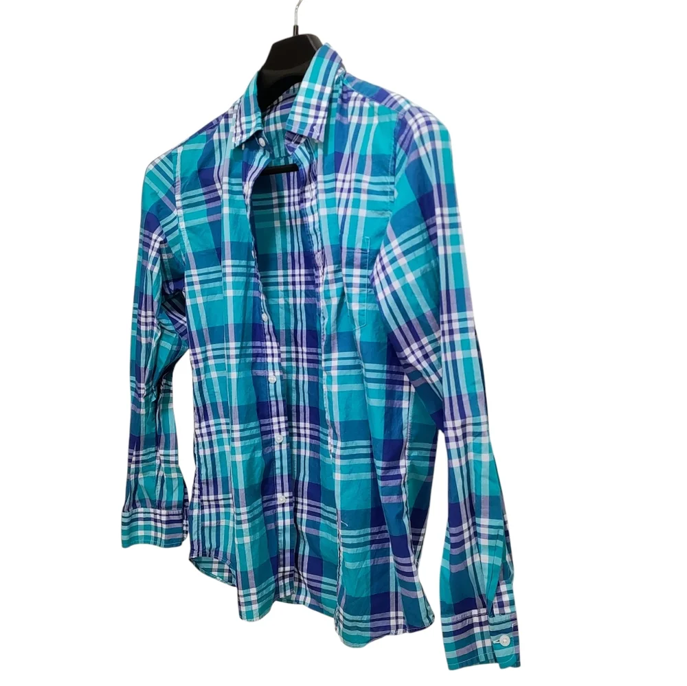 J. Crew Blue and Green Plaid Casual Tagless 100% Cotton Button Down Shirt Size S